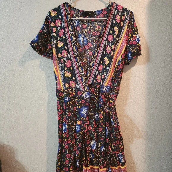 Bohemian Beach Ruffle Floral Print Bow Tie Short Sun Dress, MULTI COLORS - Picture 2 of 4